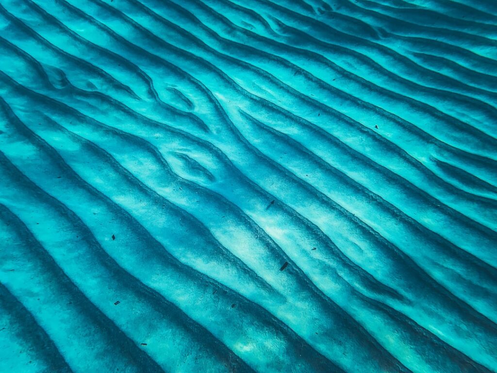 Underwater sand ripples illuminated by sunlight